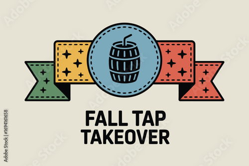 Illustration of a barrel with straw on a ribbon banner for fall tap takeover promotional material