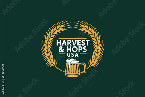 Harvest and hops usa logo with wheat wreath and beer mug on a dark green colored background design