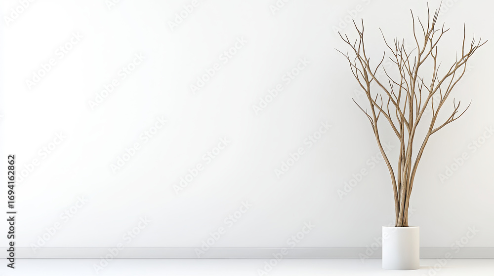 Obraz premium Minimalist interior featuring decorative dry tree in white pot against blank wall, creating serene atmosphere