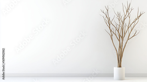 Minimalist interior featuring decorative dry tree in white pot against blank wall, creating serene atmosphere