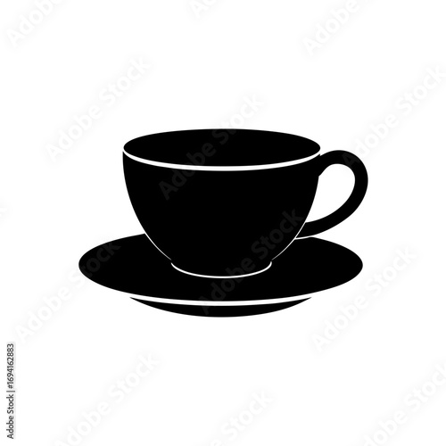 Black cup and saucer drawing on transparent background silhouette