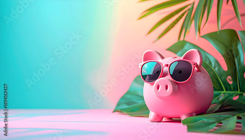 Stylish Savings: A vibrant image of a charming piggy bank, adorned with cool sunglasses, basking in a tropical ambiance, set against a pastel backdrop of lush leaves.