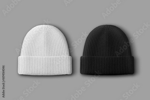 Foto Beanie Hat Mockup White and Black Knit Winter Cap on Grey Background Fashion App