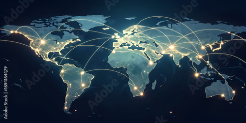 Glowing world map visualization with global network energy flow in futuristic abstract design
