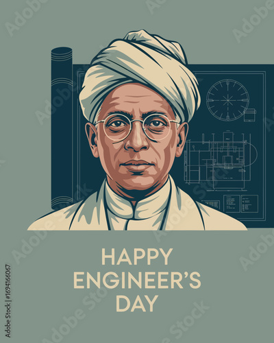 Happy Engineer’s Day Sir M. Visvesvaraya Portrait with Engineering Blueprint