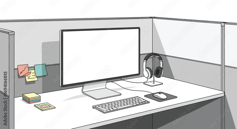 Fototapeta premium A workstation setup featuring a computer, keyboard, mouse, headphones, and sticky notes in a cubicle