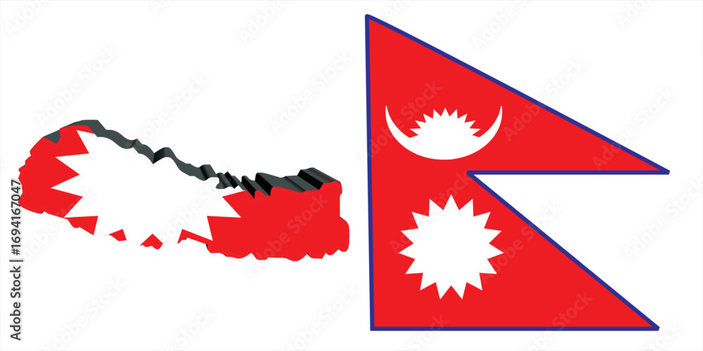 Fototapeta premium Nepal flag and 3D map vector illustration, national symbol with unique double pennant design, patriotic Nepalese emblem, cultural identity, country border shape and traditional banner isolated on whit