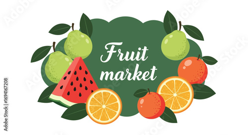 Illustration of fruit market with pears oranges watermelon on transparent background