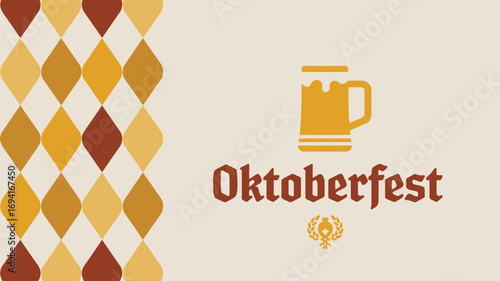 Oktoberfest themed image with beer mug and diamond pattern in shades of yellow and brown colors