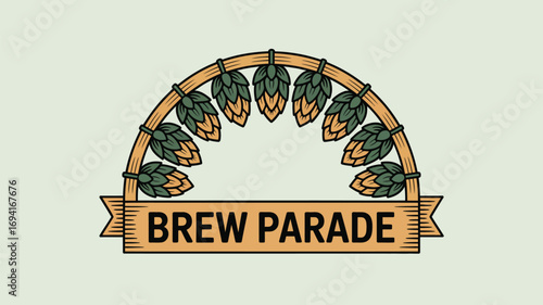 A brew parade logo featuring hops arranged in a semi circle with a banner on a light background