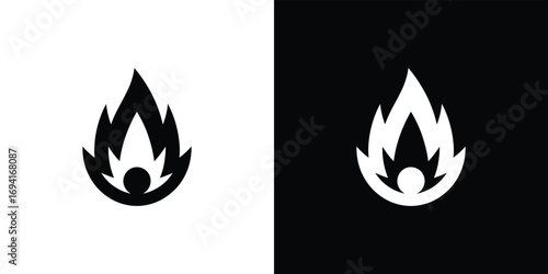 Flame Icon Illustration, Black and White Fire Symbol on Isolated Background