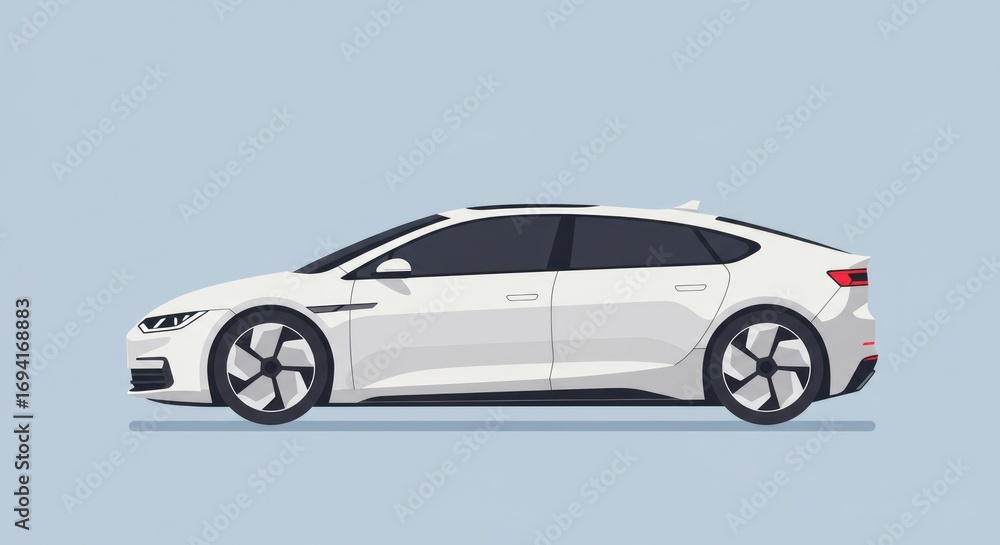 Fototapeta premium Sleek white modern electric car side view illustration. A futuristic automotive concept design for future transportation on an isolated background