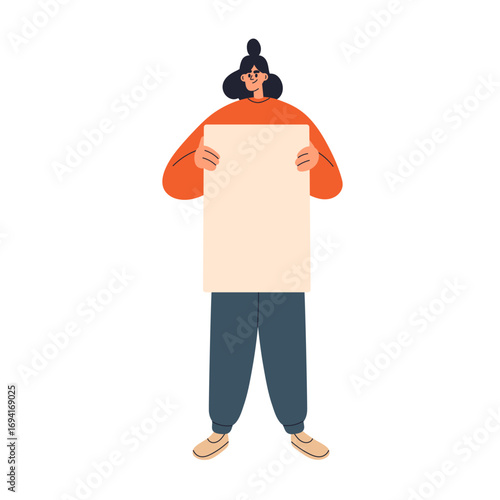 Woman holding blank paper banner. Young female activist protesting with empty placard, poster in hand during rally, strike, picket, demonstration. Flat vector illustration isolated on white background
