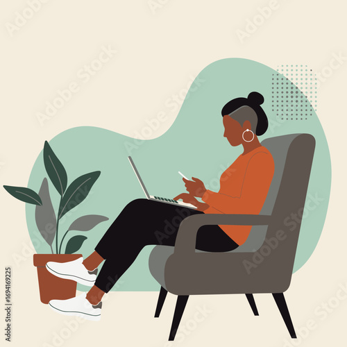 Young woman working remotely, balancing tasks on laptop and smartphone from a comfortable armchair. Represents productivity, connectivity, and modern lifestyle.