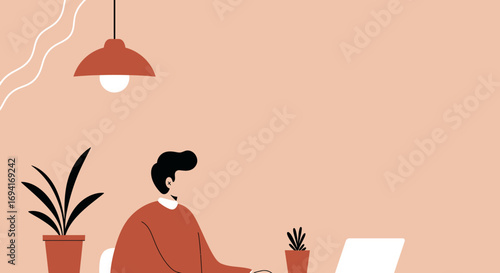 A person focused on working remotely at a modern desk with a laptop, surrounded by indoor plants, depicting productivity and home office lifestyle.