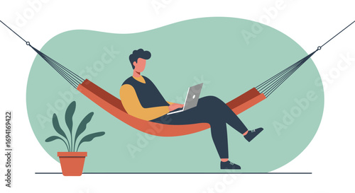 Relaxed man working remotely on laptop in a hammock, embodying flexible work-life balance and comfortable productivity. Ideal for business, technology, or lifestyle concepts.