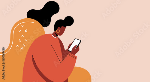 A diverse woman engages with her smartphone, seated comfortably. Perfect for themes of communication, social media, remote work, or technology in daily life.