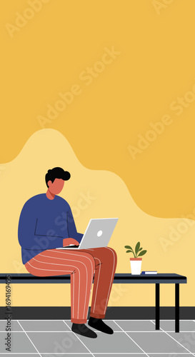 Casual professional working on a laptop in a relaxed setting, perfect for depicting flexible work, remote jobs, and modern digital lifestyle.