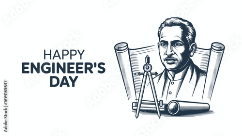 Happy Engineer’s Day Sir M. Visvesvaraya Portrait with Engineering Blueprint