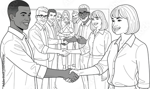 Group of diverse business people shaking hands and smiling in a black and white line drawing style