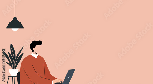 A focused man works on a laptop in a modern, minimalist workspace with a plant and lamp, ideal for remote work or online business.