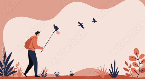 Man with a backpack pursues a bird carrying a glowing object on a stick, symbolizing the pursuit of ideas or goals in a minimalist landscape. Concept of innovation, challenge, and determination.