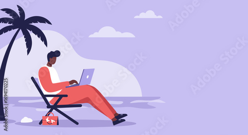 Professional man working remotely on a laptop at a tropical beach. Represents modern work-life balance, freedom, and digital nomad lifestyle, ideal for business and travel concepts.