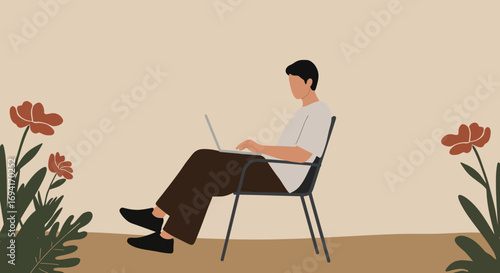 Person working on laptop in a relaxed outdoor setting with natural elements. Represents remote work, online education, freelance lifestyle, or digital communication.