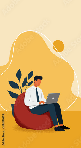 Professional man working remotely on a laptop from a comfortable bean bag chair at home. Illustrates modern flexible work, productivity, and a relaxed lifestyle.