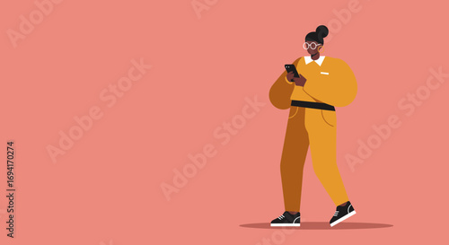A stylish young Black woman uses her smartphone, embodying modern communication, digital lifestyle, and connectivity for business or leisure.