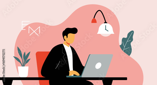 Modern businessman working diligently on his laptop at a minimalist desk. Ideal for concepts like remote work, entrepreneurship, and digital communication.