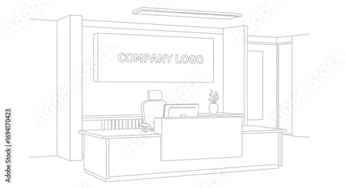 A line drawing of a company reception area with a desk chair computer and company logo sign above