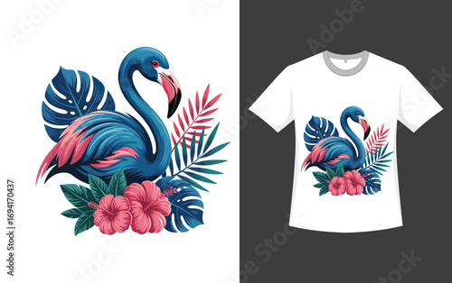 Vibrant Blue Flamingo Surrounded by Tropical Flowers and Leaves