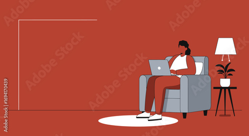 Person working remotely on a laptop from a comfortable armchair at home, representing a flexible digital lifestyle and online productivity.