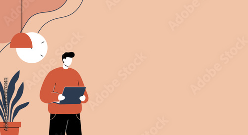 Stylish illustration of a man working remotely on a laptop in a modern home office with a plant and clock. Perfect for business, tech, or lifestyle concepts.