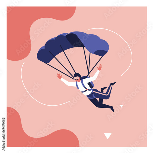 A person skydiving with an open parachute, experiencing the thrill of extreme sports and freedom in the sky. Adventure, challenge, and exhilarating lifestyle concept.