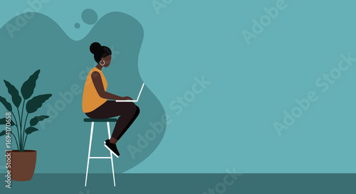 A focused woman works remotely on her laptop in a modern, minimalist home office. Ideal for concepts of productivity, freelance work, education, and digital lifestyle.