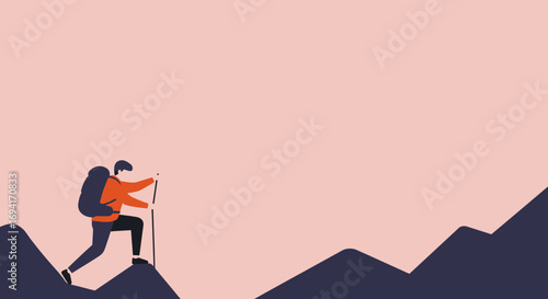 A determined hiker ascends a mountain peak with a backpack and walking stick, symbolizing challenge, journey, and achievement. Ideal for concepts of adventure, perseverance, and outdoor lifestyle.