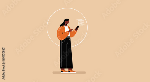 Stylish woman using a smartphone, embodying digital communication, networking, and information access. Perfect for modern business, social media, or lifestyle themes.