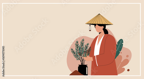 Woman in a traditional Asian conical hat and robe, holding a potted plant, embodying peace and a connection to nature. Ideal for cultural, lifestyle, or wellbeing themes.