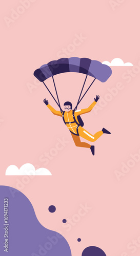 Skydiver soaring through the pink sky with an open parachute, embodying freedom, adventure, and the thrill of extreme sports. Ideal for travel, lifestyle, and achievement concepts.