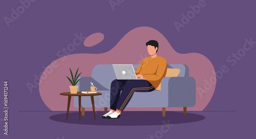 A man comfortably works remotely on his laptop from a cozy sofa at home, enjoying a coffee. Perfect for modern lifestyle, freelance, and online business concepts.
