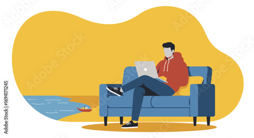 Young man comfortably working on his laptop in a relaxed outdoor setting by the water. Perfect for remote work, digital nomad, freelance, or flexible lifestyle concepts.