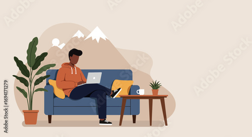 Person comfortably working on a laptop from a cozy home sofa. Ideal for remote work, online learning, or modern digital lifestyle concepts.