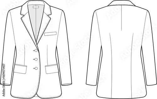 Flat sketch technical fashion drawing of women formal blazer jacket front and back view with lapel collar, long sleeves, buttons, and pockets