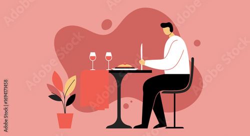 Man sitting at a restaurant table, prepared to enjoy a meal with red wine. Illustrates dining, hospitality, and romantic or solo lifestyle experiences.