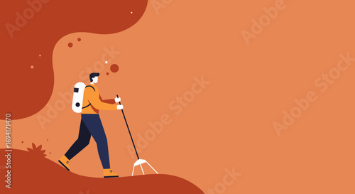 Person with backpack and trekking pole exploring an abstract natural landscape. Represents adventure, travel, and a healthy outdoor lifestyle.