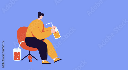 Person relaxes with a refreshing beverage on an office chair, emphasizing leisure, work-life balance, and a casual lifestyle break.