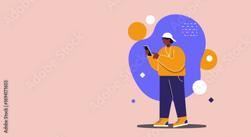 Modern person engaging with smartphone, representing digital connectivity, communication, and contemporary lifestyle in a vibrant, abstract setting.