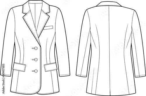 Flat sketch technical fashion drawing of women tailored blazer jacket front and back view with lapel collar, long sleeves, and pockets